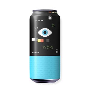 A black and teal beverage can with a modern, minimalist design. The label includes an eye symbol, blocks of various colors, and small icons resembling thumbs up and buttons. The top portion is black, and the lower portion is teal.